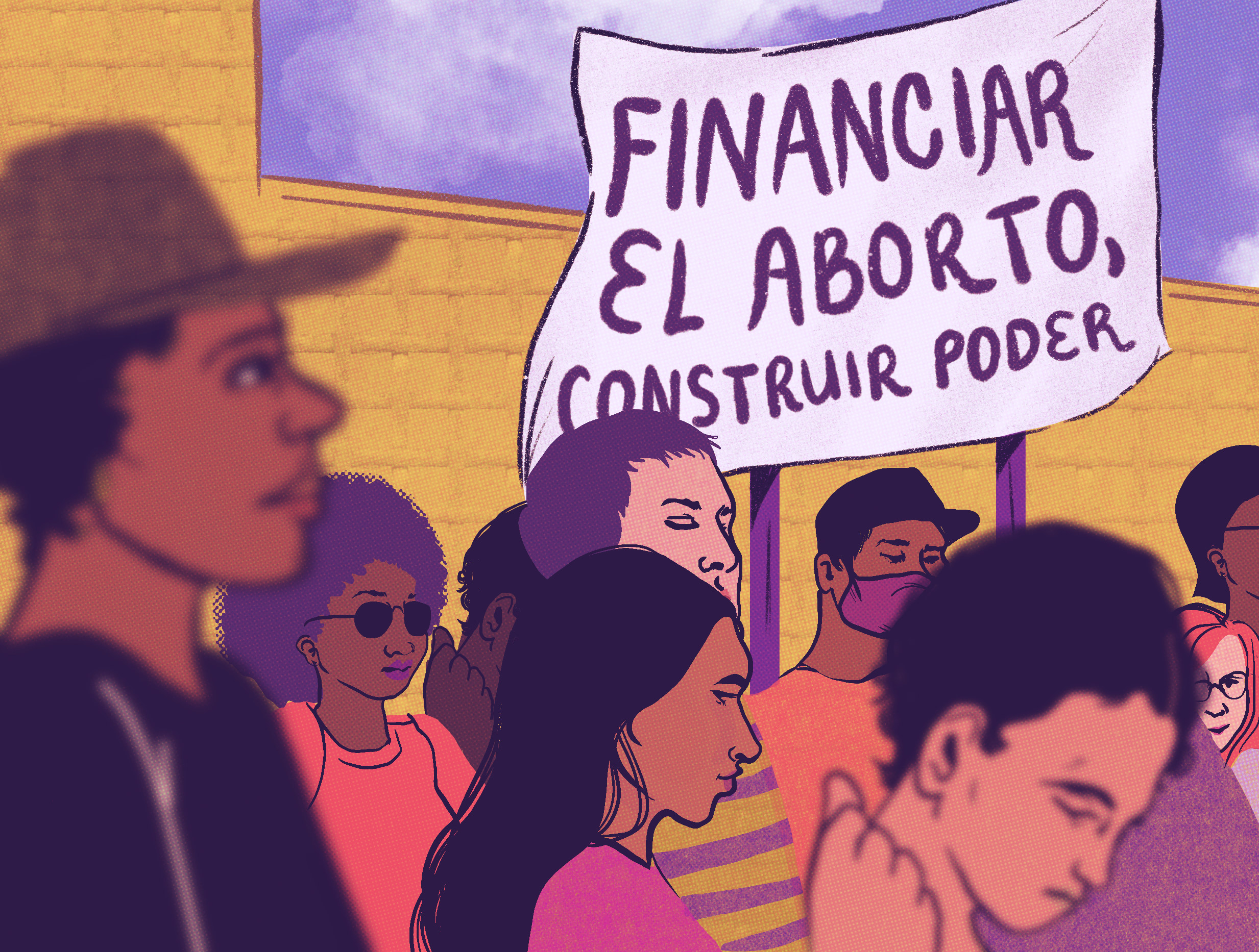 Ilustración de un grupo de personas en una protesta con un cartel grande que dice Abortos accesibles para todos.
