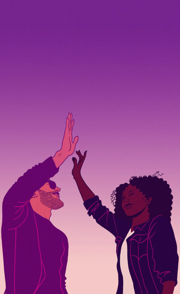 Two people give each other a high five against a purple ombre background.