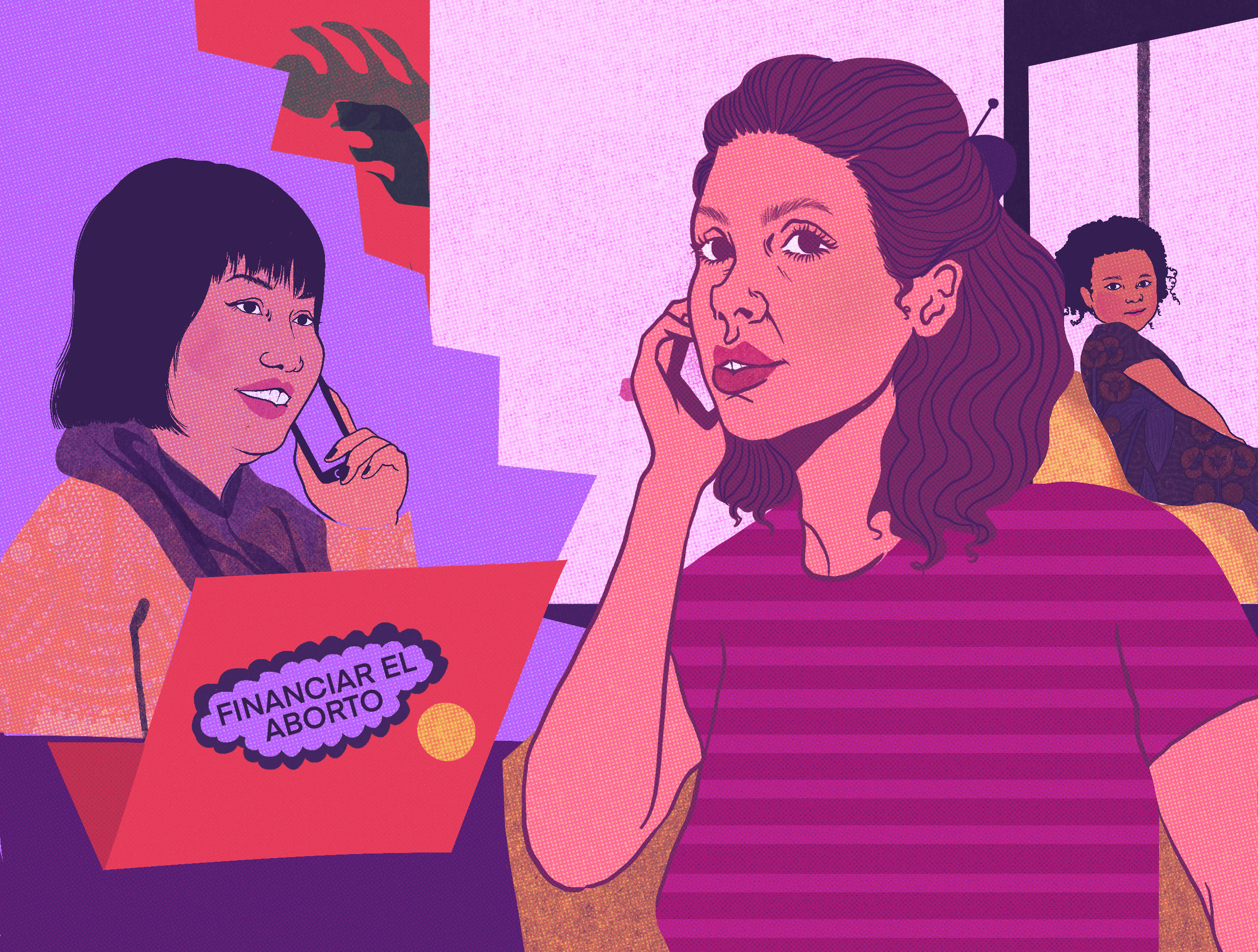 Dos personas hablan por teléfono para coordinar apoyo de fondos de aborto. Una usa una laptop con una calcomanía que dice Fund Abortions y une niñe aparece al fondo.