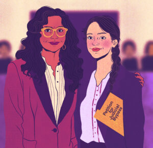 A lawyer and their young client stand together in what looks like a courtroom; the lawyer’s arm is around the young client’s shoulders. Both are wearing suit jackets - the lawyer has very light brown skin, long dark hair, and yellow glasses. The client’s long red hair is in a braid over her shoulder. Under the client’s arm is a folder that reads: Petition for judicial bypass.