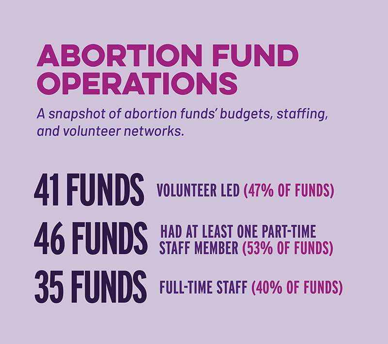 Infographic from NNAF’s 2020 Membership Enrollment Survey showing how abortion funds operate, including staffing and volunteer data.