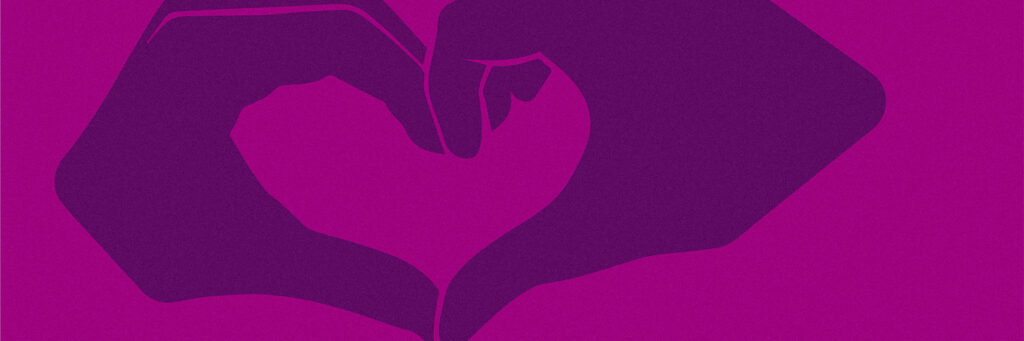 Two purple hands form the shape of heart against a fuchsia background. 