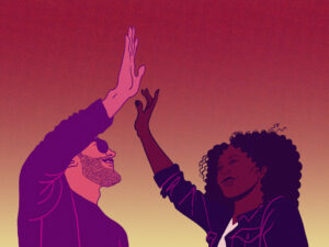 Two people high-five in front of an ombre background.