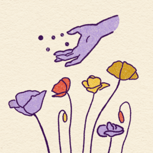 From the right side of an image, a purple hand tosses seeds over a colorful flower garden.