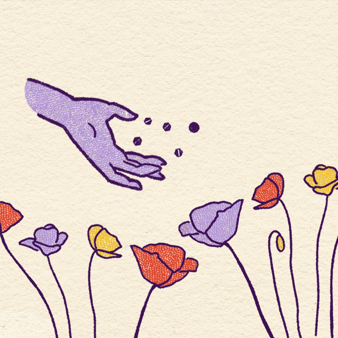 From the left side of an image, a purple hands tosses seeds into a colorful flower garden.