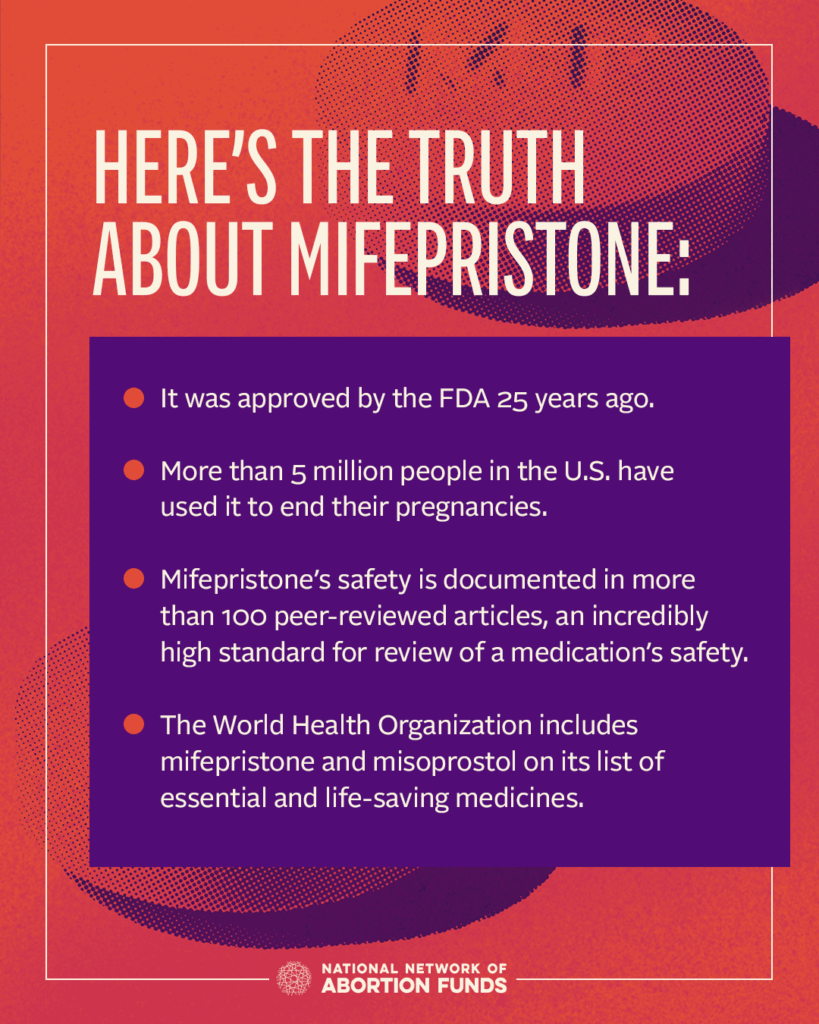 Two purple, pointillistic mifepristone pills on a red background behind four facts NNAF used in their testimony supporting mifepristone in the 2026 Senate HELP Committee's hearing.