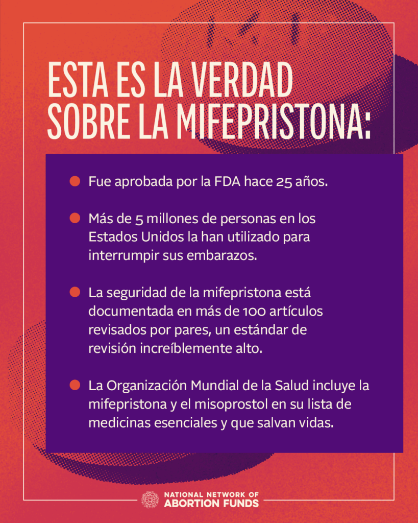 Dos pastillas moradas sobre fondo rojo detrás de cuatro datos sobre la mifepristona.