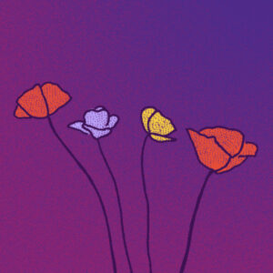Four mixed wildflowers on a purple background represent a decorative image for NNAF's 2026 learning series Care Not Control.