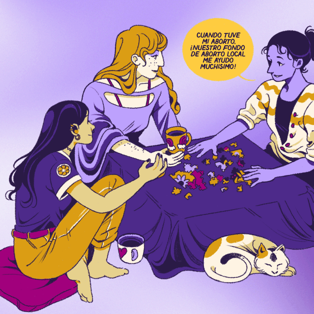 Tres personas están sentadas en el suelo alrededor de una mesa, montando un rompecabezas. Una persona cuenta cómo un fondo de aborto local le ayudó cuando tuvo un aborto.