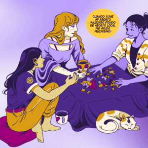 Tres personas están sentadas en el suelo alrededor de una mesa, montando un rompecabezas. Una persona cuenta cómo un fondo de aborto local le ayudó cuando tuvo un aborto.