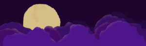 An image from NNAF's Care Not Control zine: Monsters in Our Midst. It shows a yellow moon hovering above purple clouds.