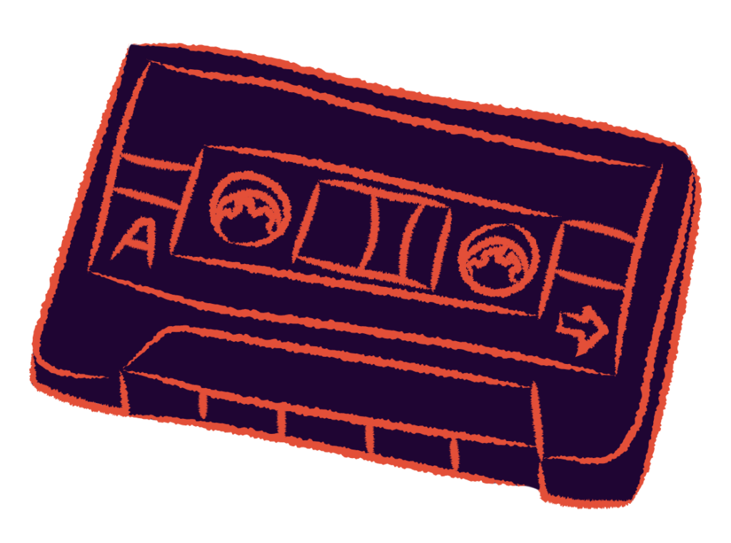 A drawing of a black cassette tape with red outline from Monsters in Our Midst zine.