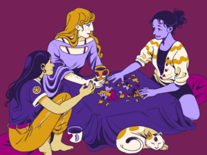 Three abortion seekers discuss abortion access while sitting on the floor near a low table covered with puzzle pieces. The background is purple and there is a cat in the foreground.