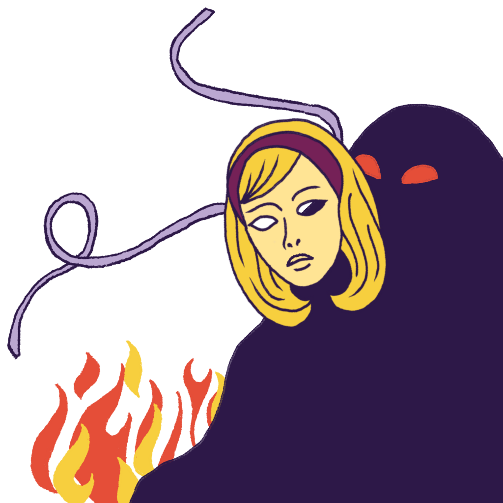 A boogie man hides behind a mask of a woman's face. The image is part of the Monsters in Our MIdst zine, which is about youth bodily autonomy.