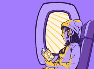 A person travels by air to access abortion. The drawing is purple and yellow and shows a person reading and listening to music in a plane seat. They are smiling.