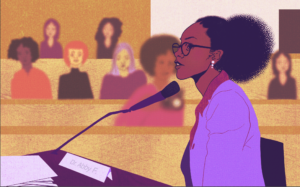 An abortion fund member takes part in a government hearing. They want to end abortion restrictions and make abortion accessible for all.